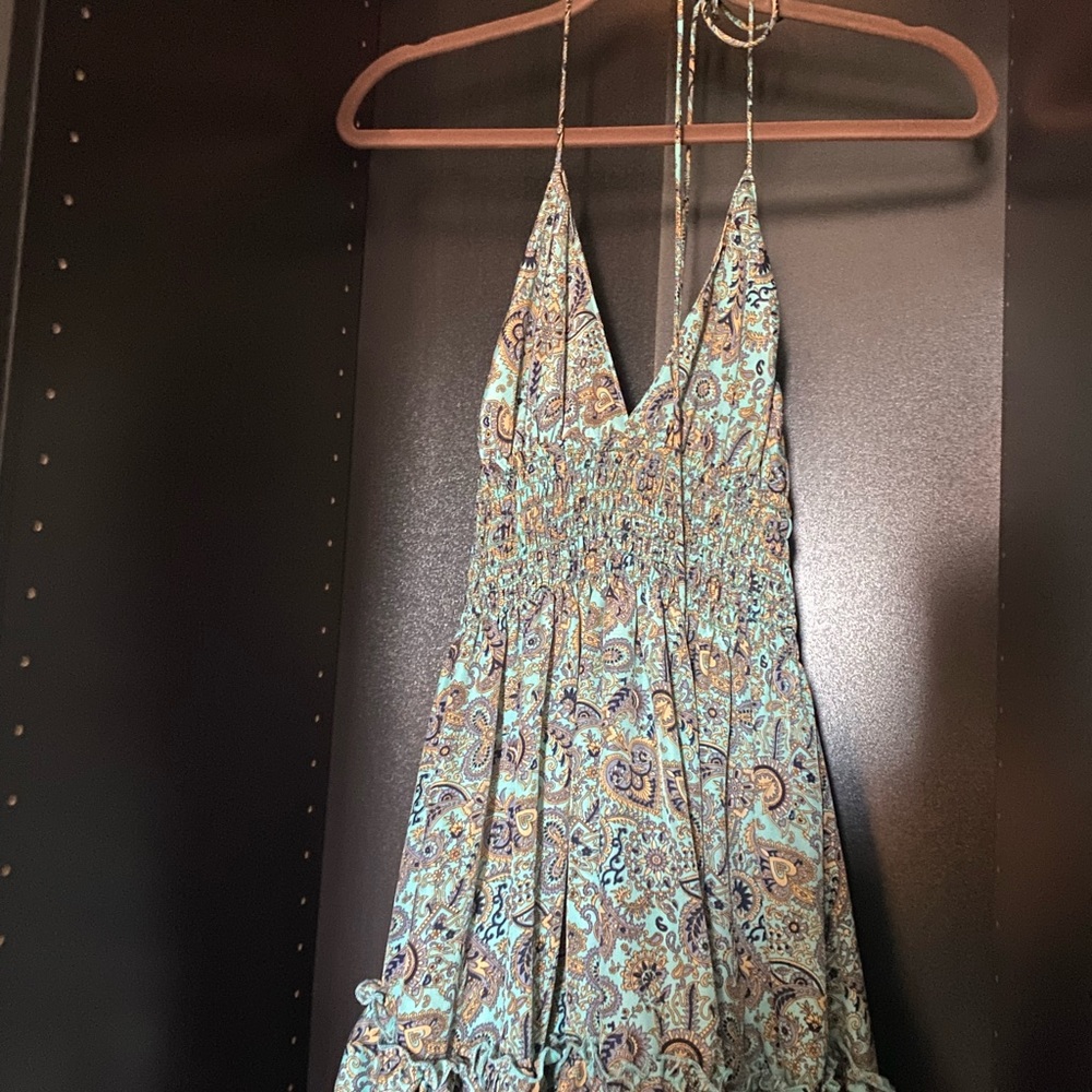 High low, flowy a-line halter dress in tropical blue pattern